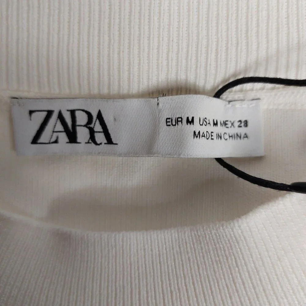 Zara Womens Top Medium Ribbed Short Sleeve Embroidered Flower Sleeves Ivory - Picture 11 of 16
